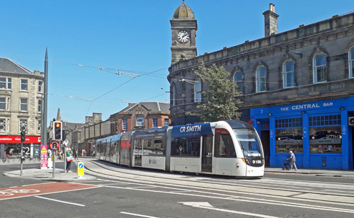 A tram at the Foot of the Walk.