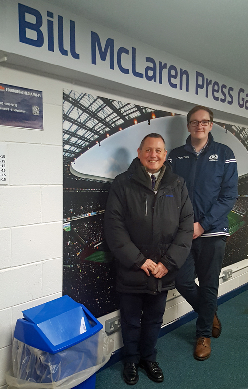 Scottish Region Committee Member Graham Atkins (font) with our host, Alex Thomson of the Scottish Rugby Union.