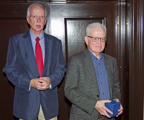 The Scottish Region Chairman, Ken Thomson (left) having presented Dugald Cameron (right) with a Scottish Region engraved glass.<